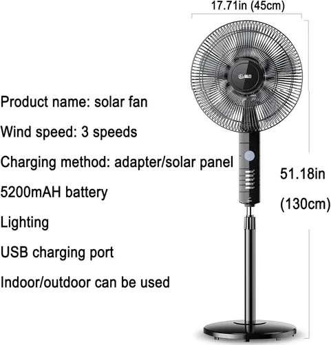 Vista 7 de Ventilador de piso, ventilador solar de 16 pulgadas, ventilador de batería, ventiladores de mesa, panel solar/adaptador/potencia de 5200