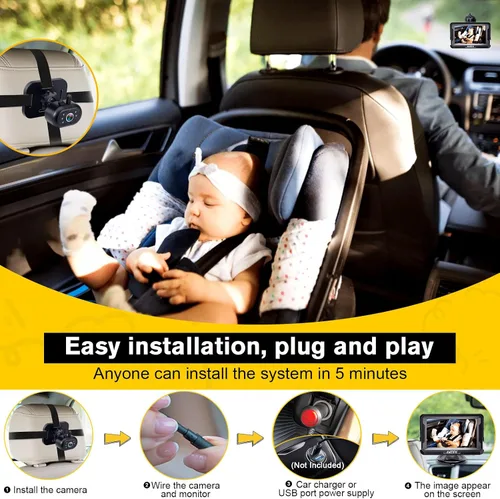 Vista 2 de AMTIFO Cámara para Bebé de Coche Fácil Instalación: Visión Nocturna Clara 2 Minutos Plug-Play Cámara de Asiento Trasero Rotación 360° Monitor