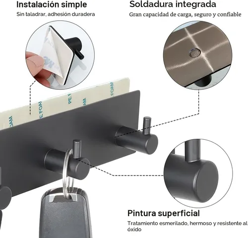 Vista 2 de VIRFIN Soporte para llaves de pared con 2 cintas autoadhesivas, sin daños, con 3 ganchos para llaves para entrada, puerta, baño, cocina (negro)