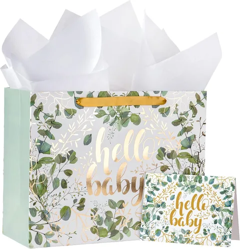 Vista 12 de WRAPAHOLIC Bolsa de regalo grande de 13 pulgadas con tarjeta y papel de seda, adorable bolsa de regalo de elefante para bebé, baby shower, fiesta