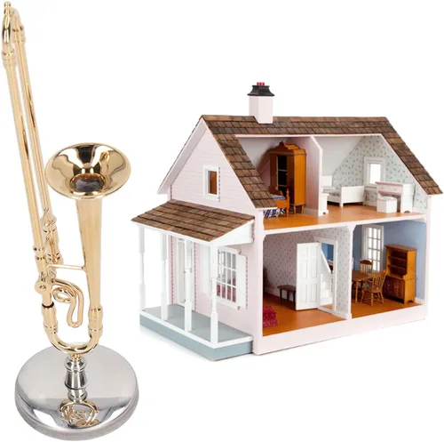 Vista 3 de Mini modelo de trombón de cobre con soporte y estuche, instrumento musical de casa de muñecas de latón para decoración del hogar, réplica