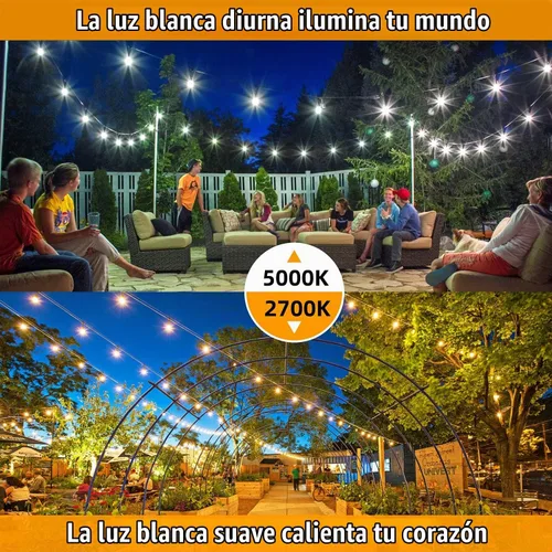 Vista 5 de Cadena de luces para exteriores de 96 pies (48 x 2), luz de patio de alambre blanco resistente de grado comercial con bombillas LED S14 Blanco-2700K