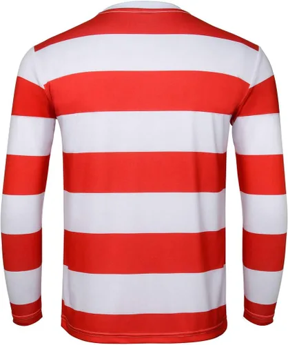 Vista 4 de Conjunto de traje de camiseta a rayas rojas y blancas para hombres y adultos, con gafas, sombrero, disfraz de Halloween, cosplay, fiesta, accesorios