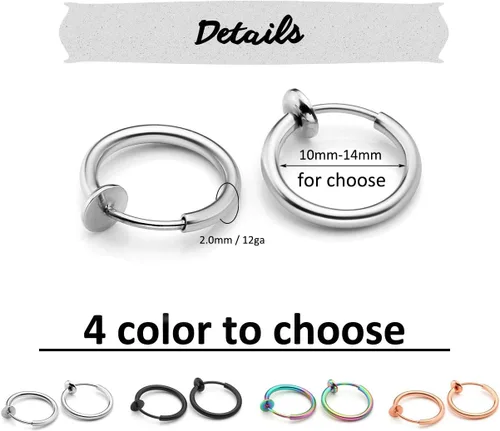 Vista 2 de PiercingJ - 8 piercings de acero inoxidable 12G para nariz, falso aro para nariz, férula para septum, anillo de labio de imitación de resorte