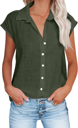 Vista 72 de Ceboyel Camisas para mujer de moda de verano, algodón, lino, manga corta, cuello con botones, blusa casual para mujer 2023