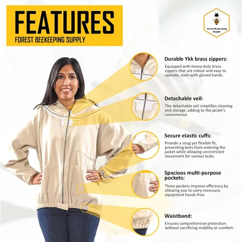 Vista 3 de Chaqueta de abeja con velo - Chaqueta de lona natural con cintura y puños elásticos, cremalleras YKK de latón, 3 bolsillos utilitarios. Capucha