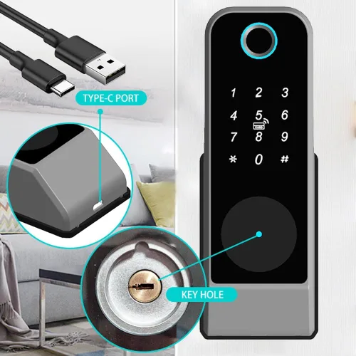 Vista 4 de Cerradura inteligente de puerta con huella dactilar, cerradura de puerta biométrica antirrobo inteligente, cerradura electrónica de patio al aire
