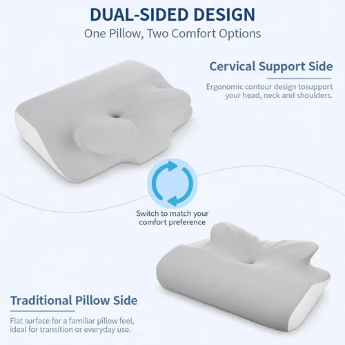 Vista 2 de LeMotech Almohada cervical de doble cara, almohada ergonómica de espuma viscoelástica con lado cómodo tradicional, soporte de cuello para dormir