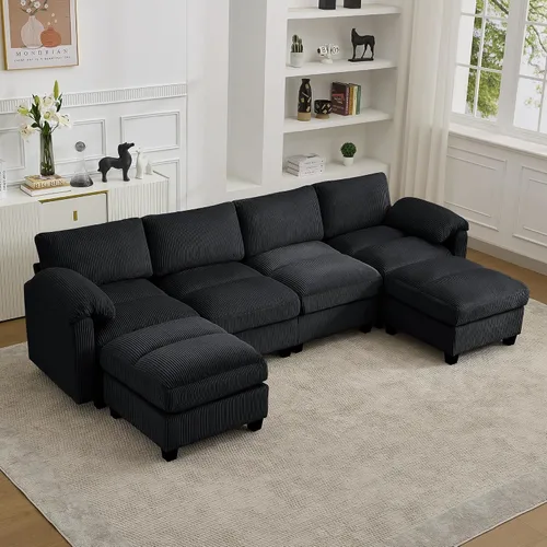 Vista 16 de Sofá modular de 61 pulgadas con otomana, asiento extra profundo para sala de estar, sofá de asiento profundo de pana con almohadas para Beige