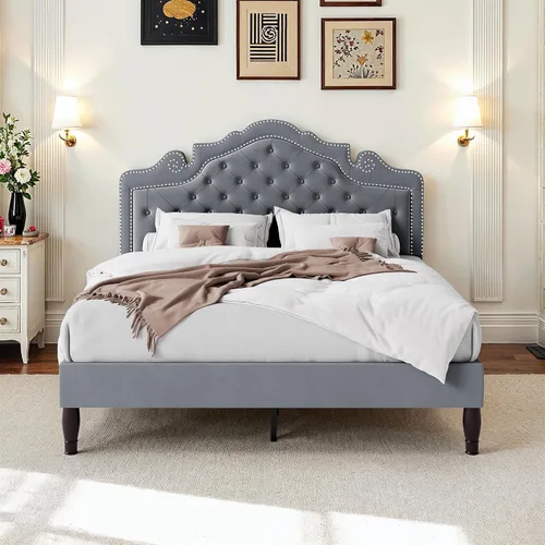Vista 9 de WEEWAY Base de cama de plataforma de tamaño matrimonial con tiara ajustable de terciopelo, cabecero curvado y alta resistencia, botón tapizado