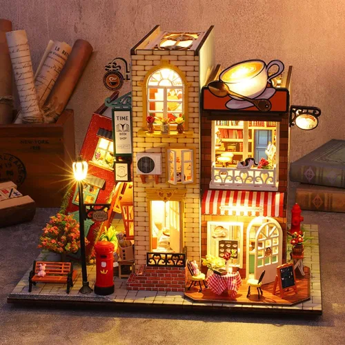 Vista 3 de Roroom Kit de casa de muñecas en miniatura y muebles, modelo de casa de muñecas de madera 3D con cubierta a prueba de polvo y movimiento musical