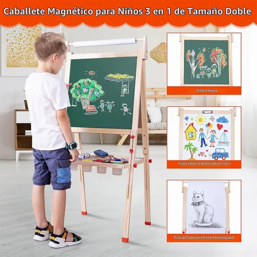 Vista 2 de Ragstone Caballete para niños con papel de tamaño doble, pizarra de tiza y pizarra negra
