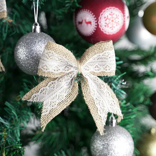 Vista 5 de AIMUDI Lazos de encaje de arpillera natural de 4 pulgadas, lazos rústicos de arpillera para decoración de árbol de Navidad, lazos de boda de encaje