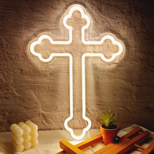 Vista 2 de Letreros de neón con cruz de Jesús, luces de pared de neón cruzadas, lámpara de arte colgante para el hogar, habitación, boda, fiesta, decoración