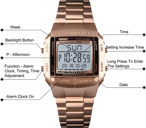 Vista 4 de RORIOS Reloj digital digital LED para hombre, multifunción, luminoso, de doble hora, electrónico, analógico, para hombre, Oro Rosa, Digital