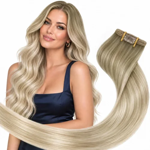 Vista 33 de Ve Sunny Extensiones de cabello humano real con clip balayage, color marrón castaño degradado a rubio, 12 pulgadas, 5 unidades, 2.82 onzas