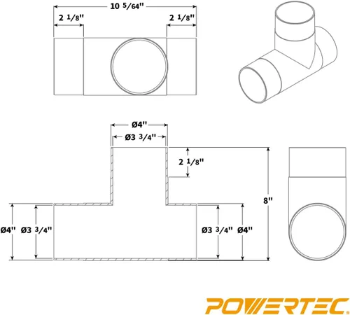 Vista 5 de POWERTEC 70107V 4" T-Fitting para manguera de recolección de polvo, 1 paquete