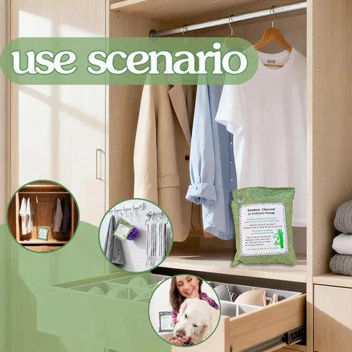 Vista 4 de Bolsa purificadora de aire de carbón de bambú, absorbente de olores de carbón activado, absorbente de humedad, ambientadores de automóvil Verde
