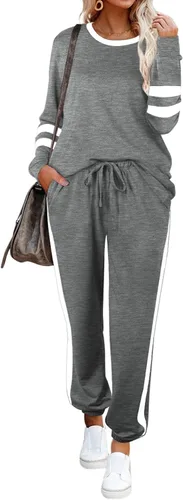 Vista 2 de Aloodor conjunto deportivo de 2 piezas para mujer, con sudadera con cuello redondo, sin botones