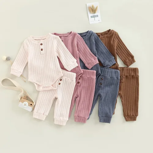 Vista 2 de Conjunto de ropa para bebé recién nacido, conjunto de ropa acanalada para bebé, otoño e invierno, mameluco de color liso con pantalones largos