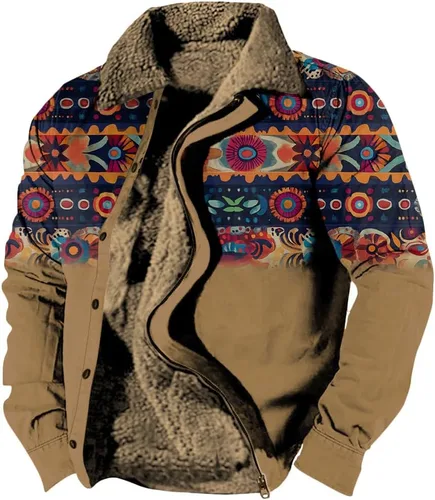 Vista 7 de LOAIHA Chaqueta de invierno para hombre, chaqueta azteca occidental para hombre, con cremallera, forro polar cálido, chaqueta vaquera, étnica vintage