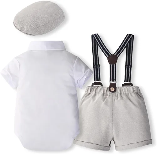 Vista 2 de Kimocat Conjunto de trajes de caballero para bebé, camisa corta de verano, corbatín + pantalones con babero, conjunto de ropa