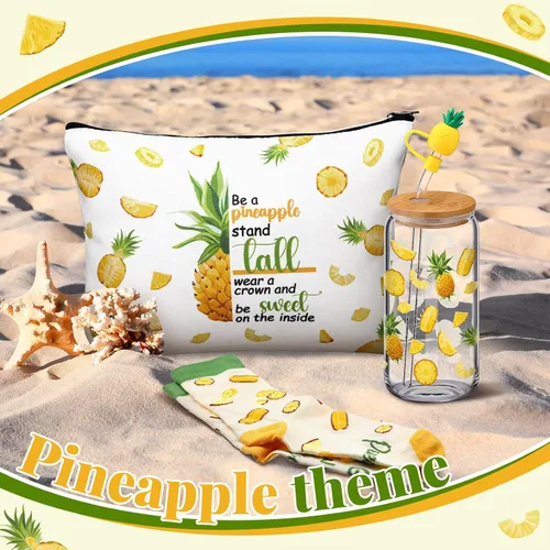 Vista 4 de SiliFine Juego de 3 piezas de regalos de piña para mujer, tazas de piña de verano con tapas y pajitas, regalos Aloha hawaianos, incluye piñas