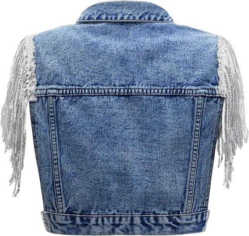 Vista 2 de SweatyRocks Chaqueta vaquera sin mangas con botones y flecos para mujer