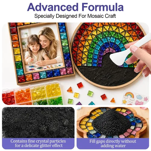 Vista 3 de Lechada de mosaico negro de 9 onzas, kit de lechada de mosaico con purpurina, arena de cristal transparente, fórmula impermeable, fácil de aplicar