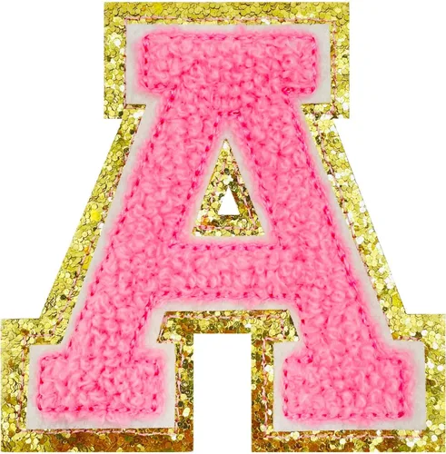Vista 3 de Jongdari Letras termo-adhesivas de felpilla para ropa, parche del alfabeto con purpurina y adhesivo planchado, 26 unidades, color rosa