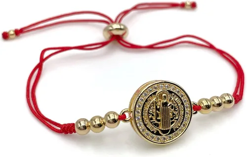 Vista 2 de St Benedict Medal Protection Bracelet for Women - Adjustable Red String with Mini Zircons Bead - Christian Jewelry