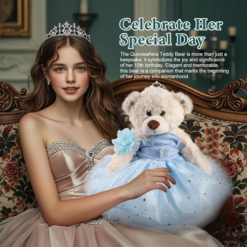 Vista 4 de Muñeca de quinceañera con vestido de membrillo con vestido, decoraciones de quinceañera para regalos de niñas, OSO de peluche para 15 años