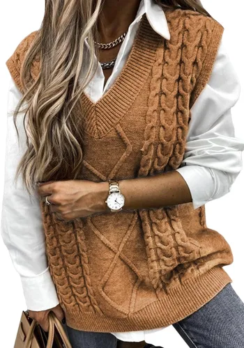 Vista 23 de EVALESS Chaleco Suéter de Gran Tamaño para Mujeres Cuello en V Sin Mangas Color Sólido Suéter Pullover Suelto 1 caqui.