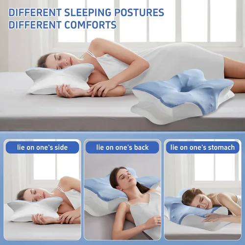 Vista 2 de Gooo&Ma Almohada cervical de apoyo para el cuello para aliviar el dolor, espuma viscoelástica ortopédica (azul)