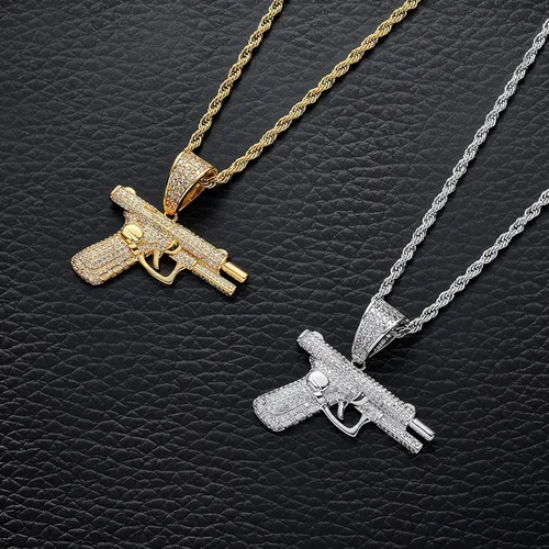 Vista 5 de Collar con colgante de pistola punk para hombre, chapado en oro, disco de hip hop, diamantes de imitación, collares de pistola para hombres