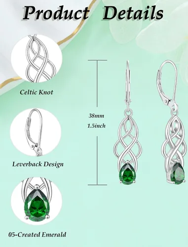 Vista 6 de Celtic Knot Dangle Earrings for Women 925 Sterling Silver Twisted Drop Earring Teardrop Birthstone Jewelry