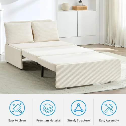 Vista 7 de PUREMIND Sofá cama extraíble 3 en 1 tamaño individual, sofá de pana convertible con almohadas y colchón de espuma viscoelástica de 3.9 pulgadas Beige