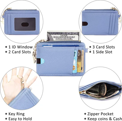 Vista 3 de KUKOO Cartera delgada minimalista RFID con bolsillo frontal para mujer, monedero con llavero y caja de regalo