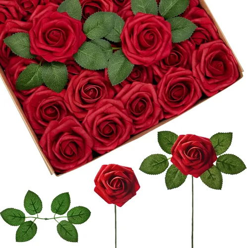 Vista 27 de InnoGear Flores artificiales, paquete de 50 unidades, rosas artificiales de espuma negras con tallos a granel para decoración, ramos de boda DIY