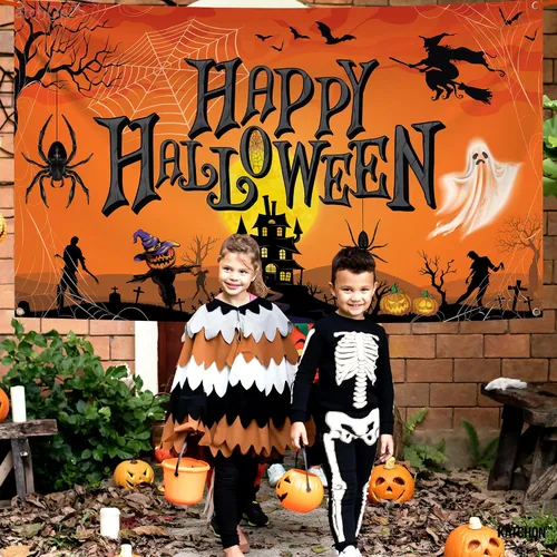 Vista 6 de KatchOn Cartel naranja de feliz Halloween, extra grande de 72 x 44 pulgadas, telón de fondo de calabaza para decoraciones de fiesta y fotografía