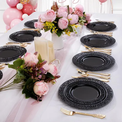 Vista 6 de U-QE 150 platos de plástico negro con cubiertos de plástico dorado, platos negros desechables para fiestas, incluyen 30 platos llanos de 10.25
