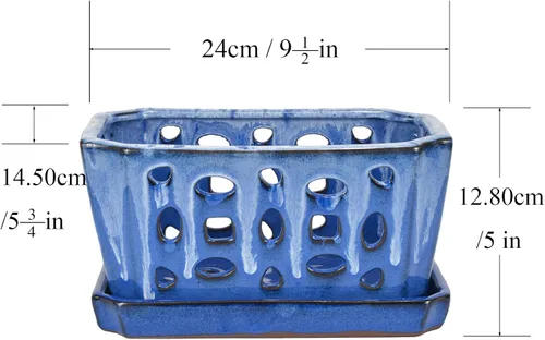 Vista 6 de W&W Orchid Pot with Holes and Saucer for Repotting, White and Blue, 9.7 Inch Blanco y azul 9.7