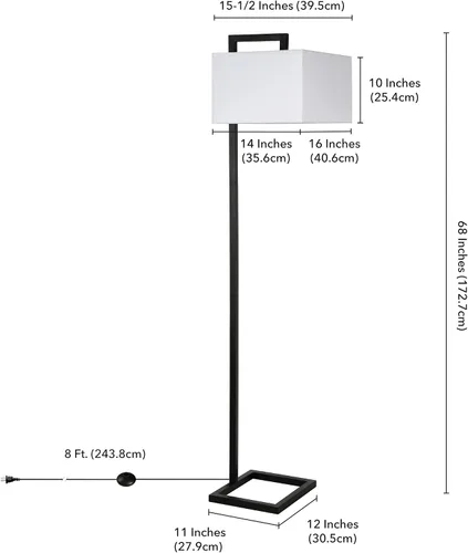 Vista 8 de Henn&Hart 68" Traditional 1-Light Floor Lamp with White Fabric Rectangle Shade for Living Room, Bedroom, or Office, Black