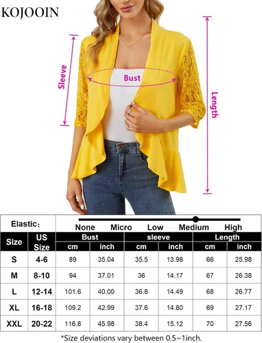 Vista 7 de KOJOOIN Blusas para mujer, ligeras, manga 34, casual, con encaje, parte delantera abierta, con volantes drapeados