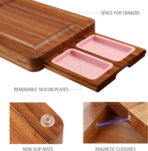 Vista 8 de hecef Juego grande de tabla de embutidos rosa con cuchillos de queso de acero inoxidable, juego de tabla de queso, bandeja de aperitivos de madera