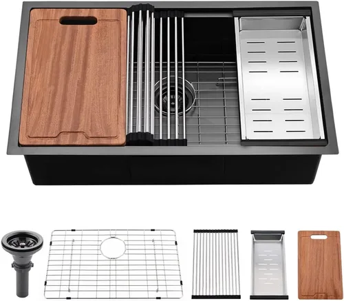 Vista 15 de Fregadero de barra dorada con estación de trabajo de montaje inferior, fregadero de cocina dorado de 14 x 19 pulgadas, fregadero de barra sumergible