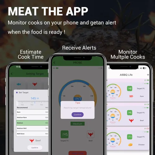 Vista 7 de Termómetro inteligente para carne, 656 pies, alcance remoto, termómetro digital para cocinar alimentos con sonda inalámbrica, lecturas en tiempo