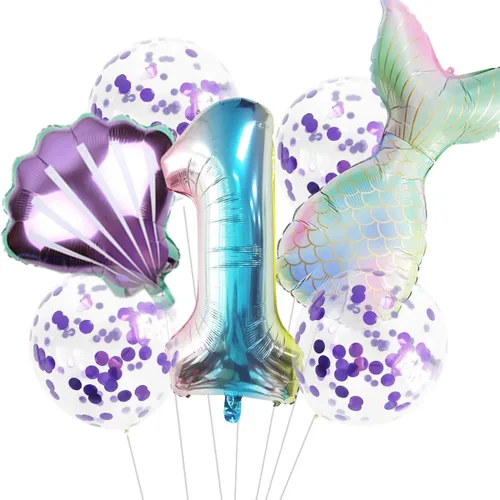 Vista 21 de 7 globos de sirena con números para fiesta de cumpleaños de 1, 2, 3, suministros de decoración de cola de sirena para niñas (número 0)