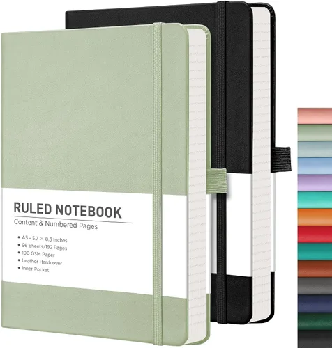 Vista 14 de RETTACY Lined Journal Notebook, 192 Numbered Pages per Pack, 5.7'' x 8.3'' 2-Pack, Leather Hardcover, 100 GSM Thick Paper, for Men & Women, Negro