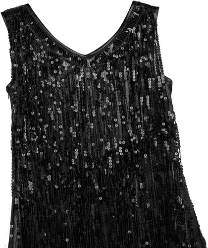 Vista 6 de Aislor Vestido de baile latino para mujer, con borlas y lentejuelas, vestido de baile de tango Negro